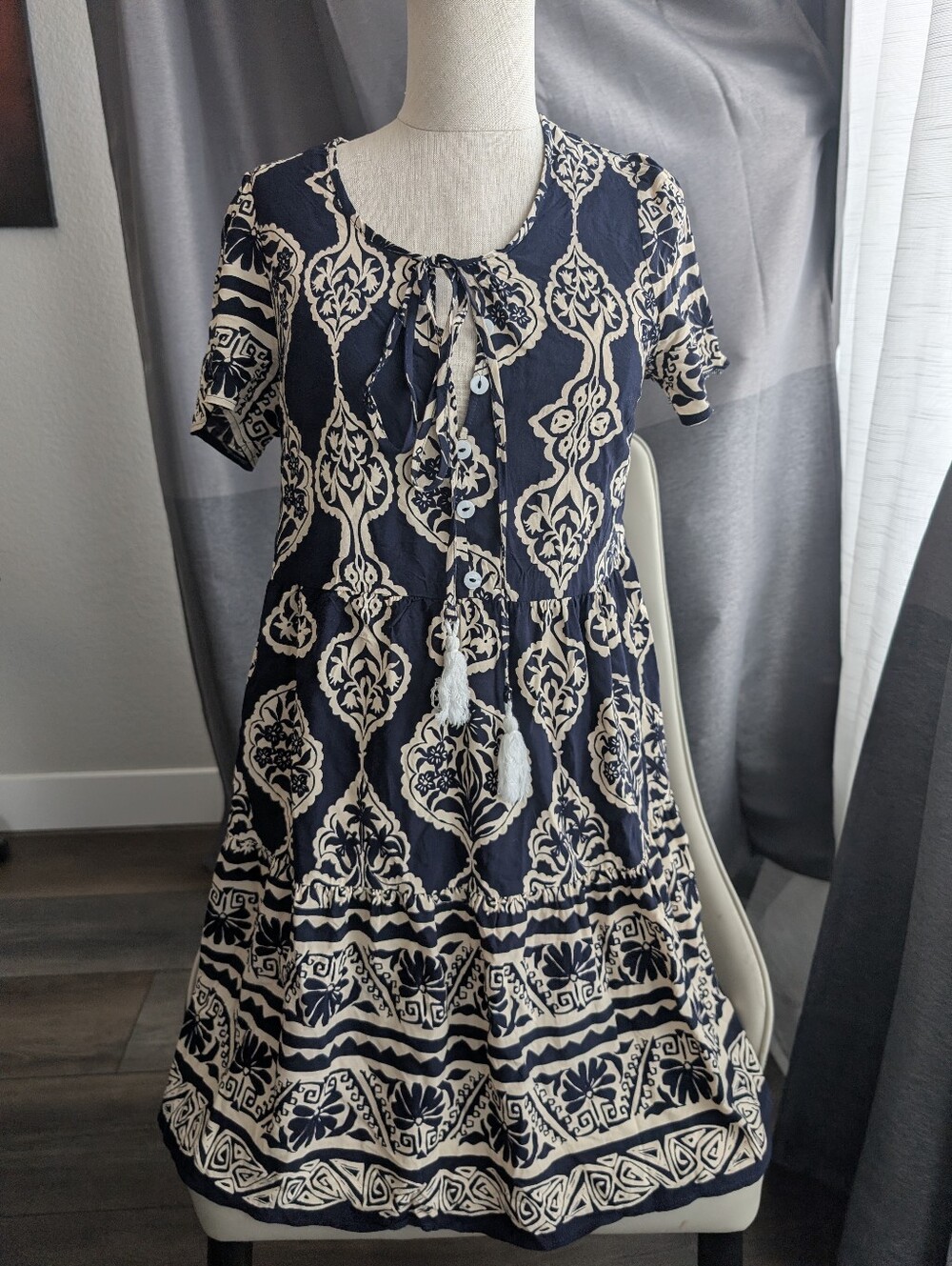 Beachsissi Navy and Cream Boho Tie-Front Short Sleeve Dress